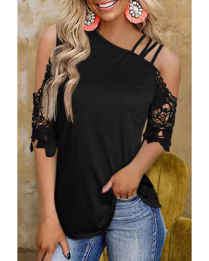 Azura Exchange Lace Splicing Strappy Cold Shoulder Top - M