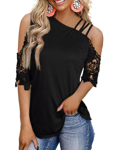 Azura Exchange Lace Splicing Strappy Cold Shoulder Top - M