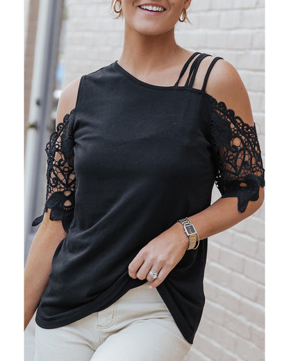 Azura Exchange Lace Splicing Strappy Cold Shoulder Top - M