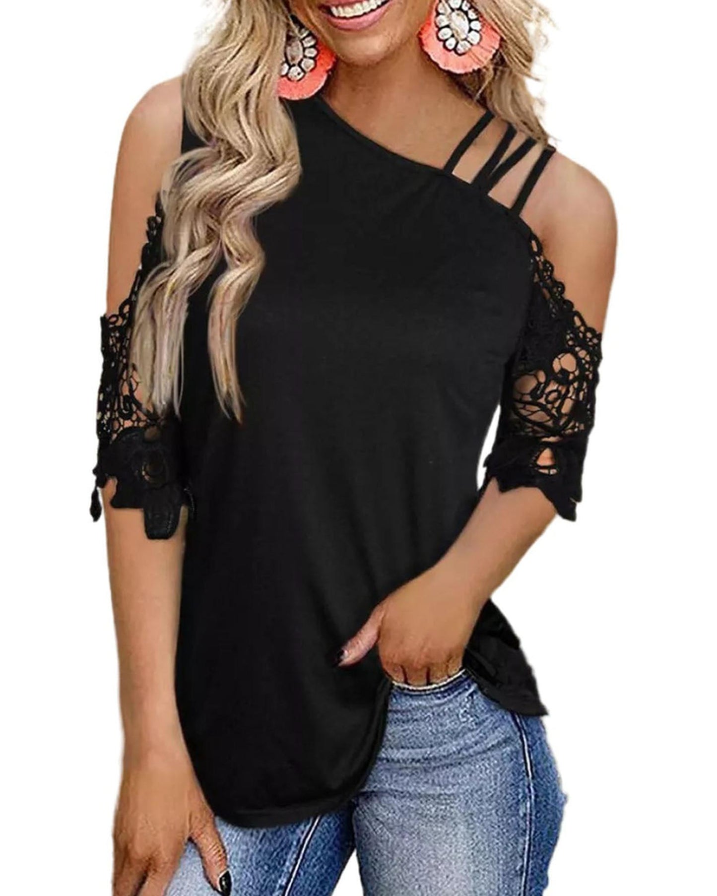 Azura Exchange Lace Splicing Strappy Cold Shoulder Top - S