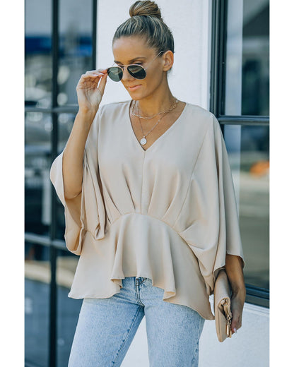 Azura Exchange Pleated Batwing Sleeve V Neck Blouse in 100% Polyester - M