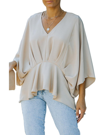 Azura Exchange Pleated Batwing Sleeve V Neck Blouse in 100% Polyester - M