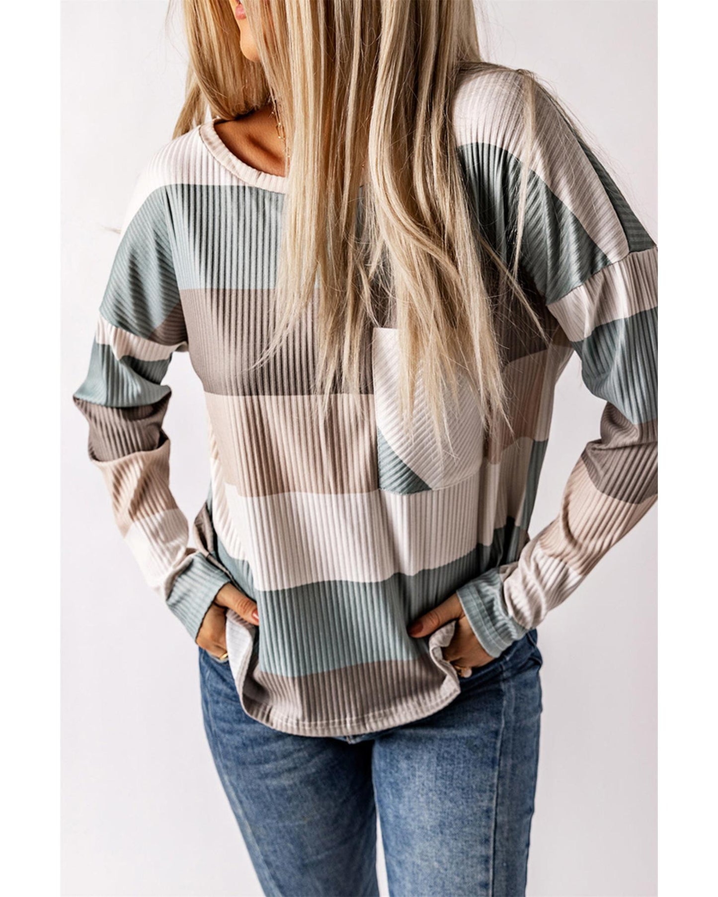 Azura Exchange Ribbed Color Block Long Sleeve Top with Pocket - 2XL