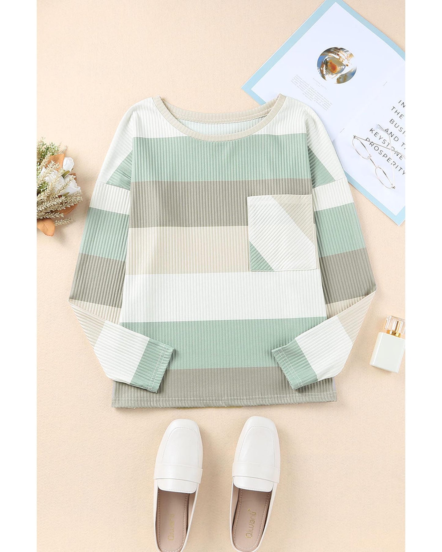 Azura Exchange Ribbed Color Block Long Sleeve Top with Pocket - M