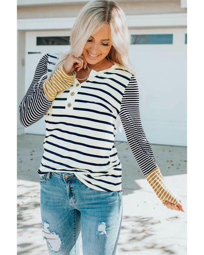 Azura Exchange Stripe Button Henley Top - L