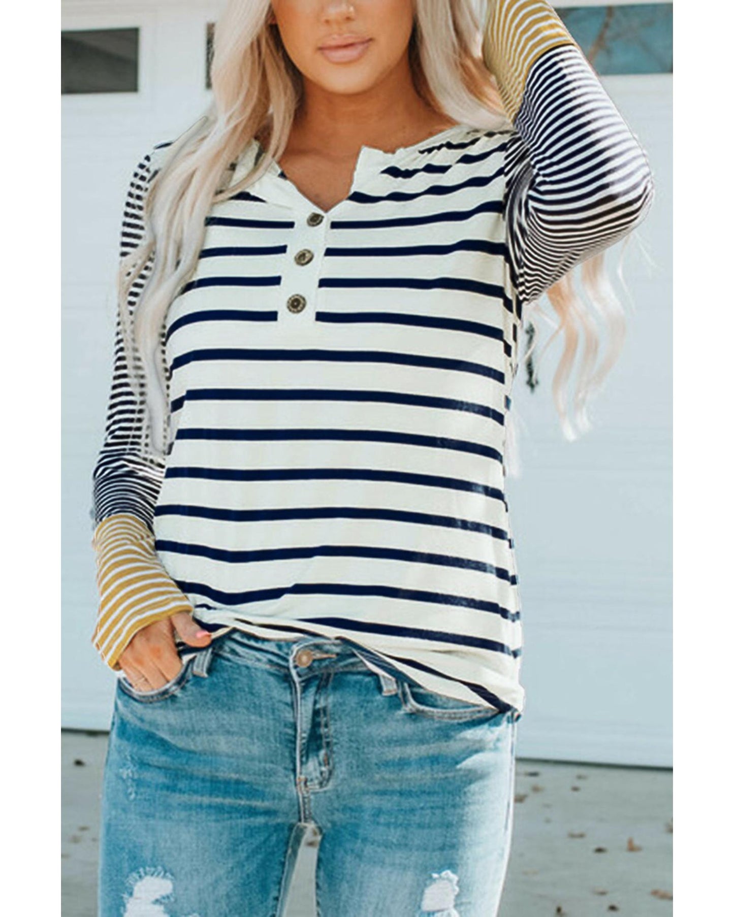 Azura Exchange Stripe Button Henley Top - S