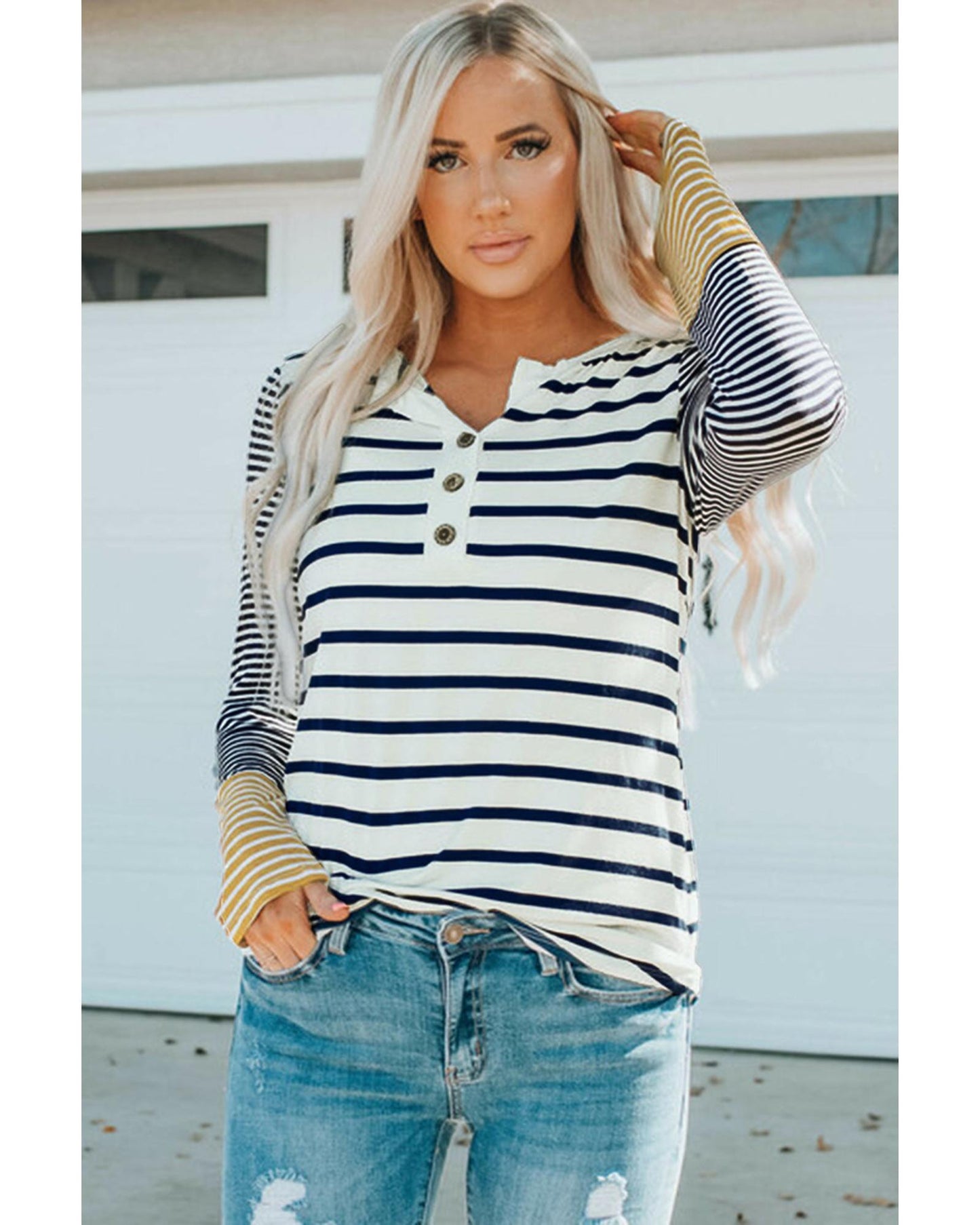 Azura Exchange Stripe Button Henley Top - S