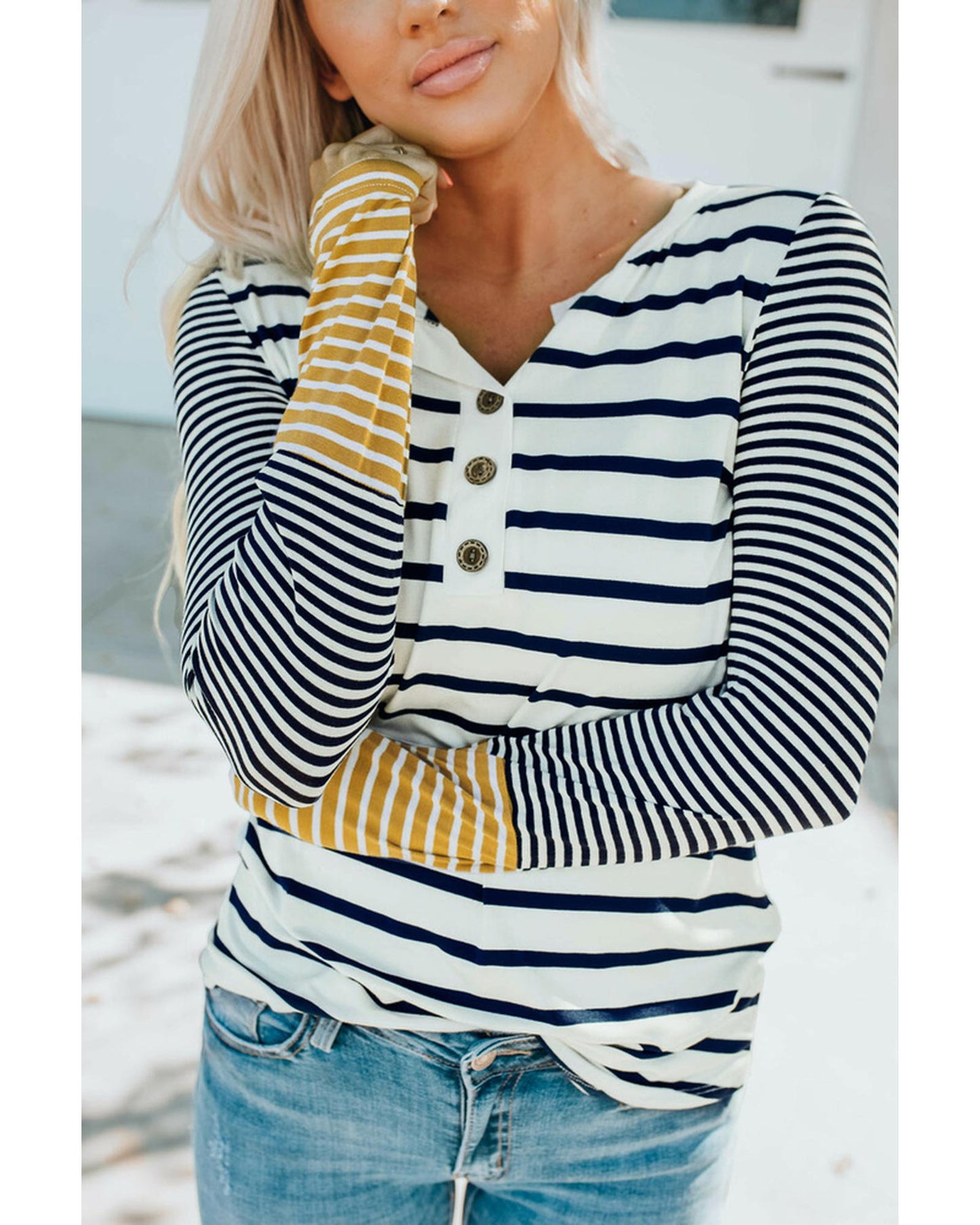 Azura Exchange Stripe Button Henley Top - S