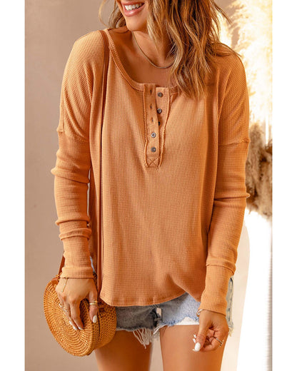 Azura Exchange Waffle Knit Henley Top - L