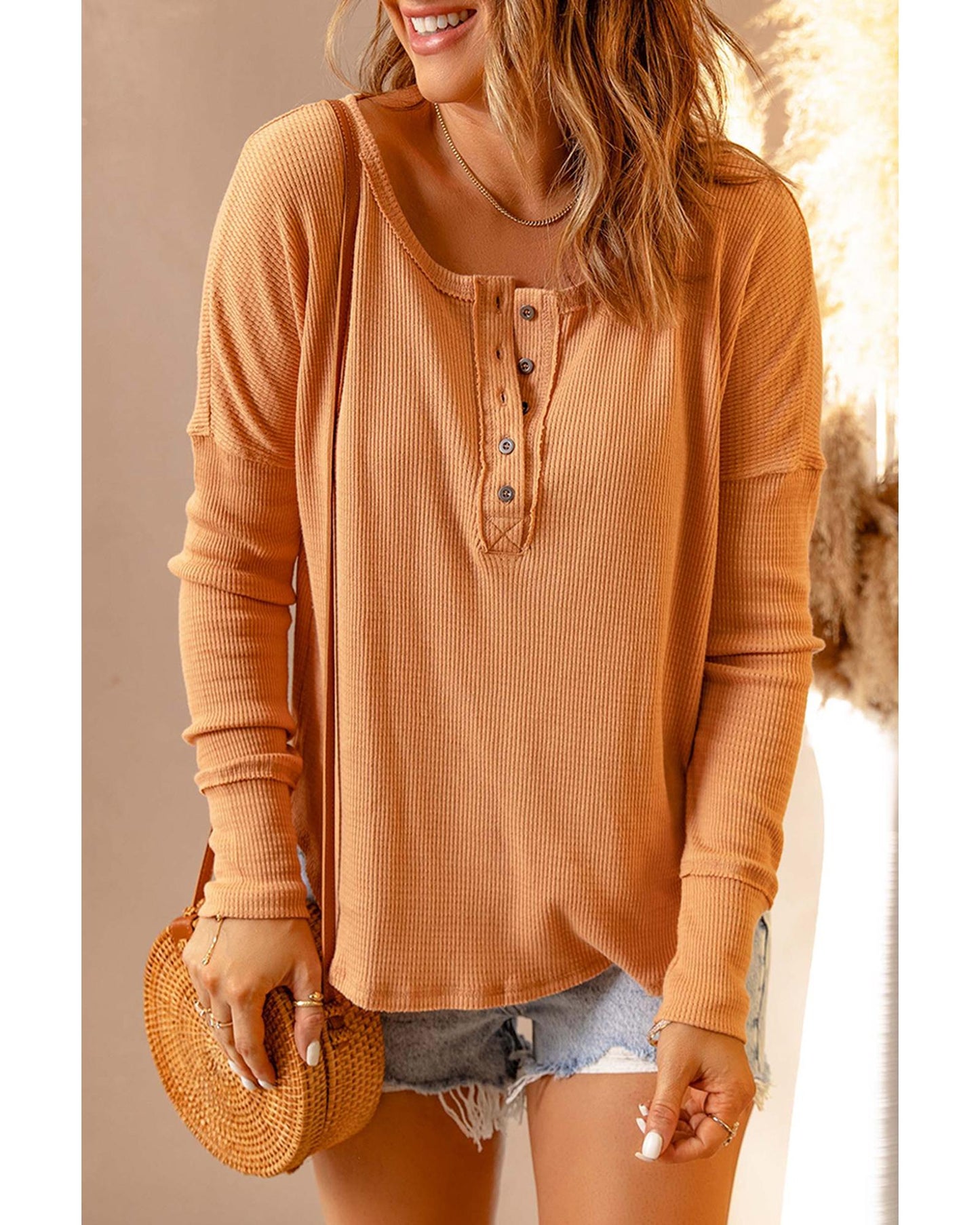 Azura Exchange Waffle Knit Henley Top - S