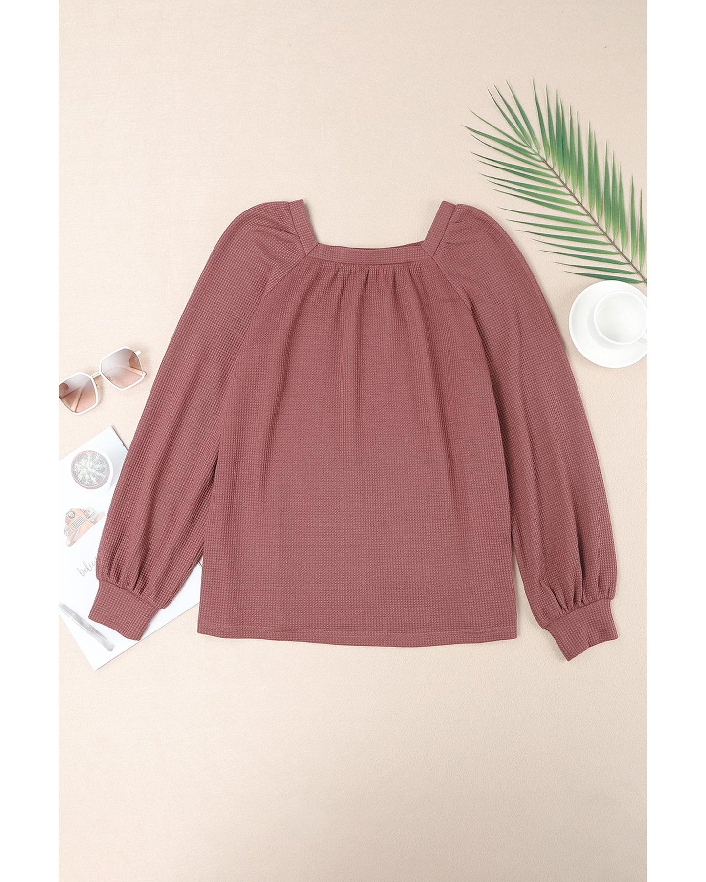 Azura Exchange Puff Sleeve Waffle Knit Top - S