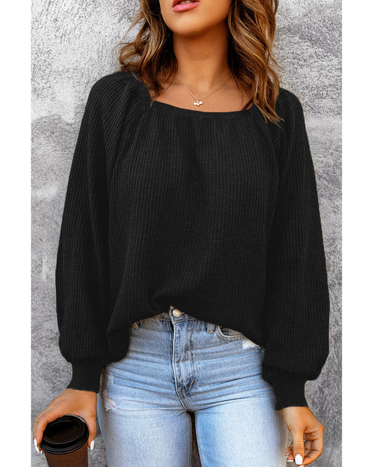 Azura Exchange Puff Sleeve Waffle Knit Top - L