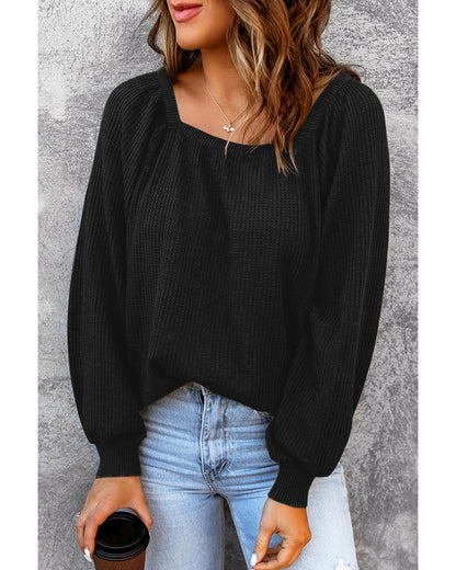 Azura Exchange Puff Sleeve Waffle Knit Top - L