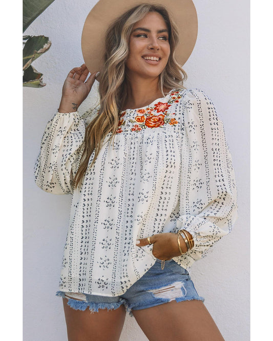 Azura Exchange Long Sleeve Embroidered Print Blouse - S