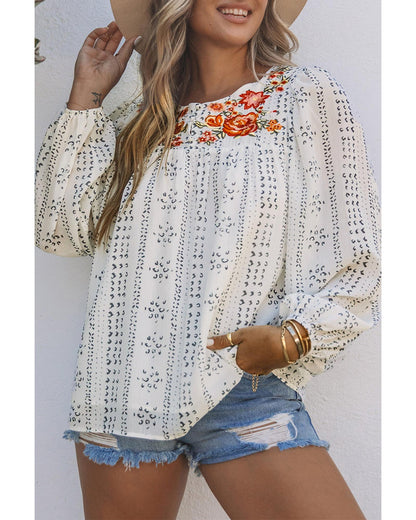 Azura Exchange Long Sleeve Embroidered Print Blouse - S