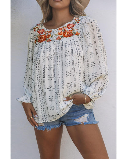 Azura Exchange Long Sleeve Embroidered Print Blouse - S