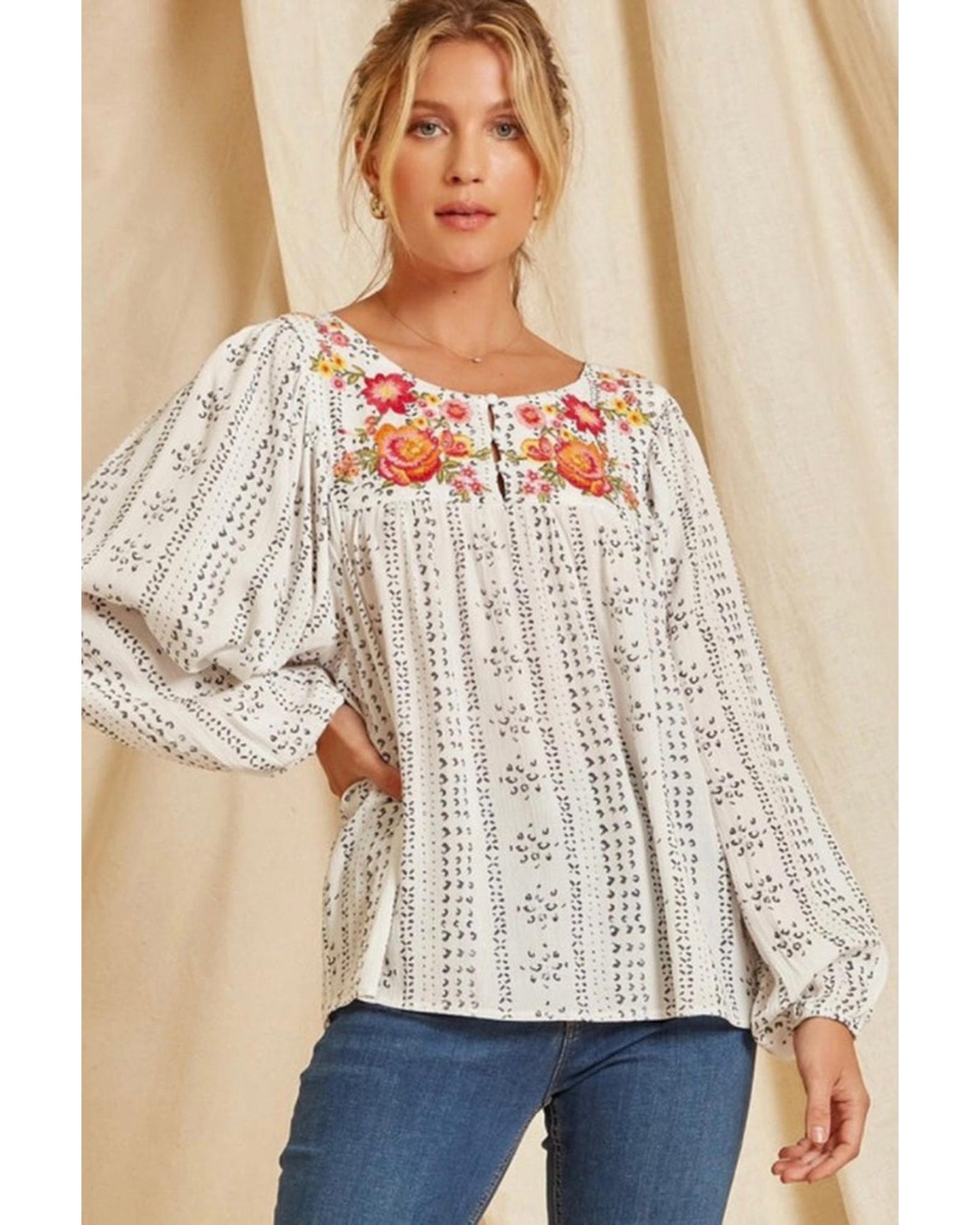 Azura Exchange Long Sleeve Embroidered Print Blouse - S