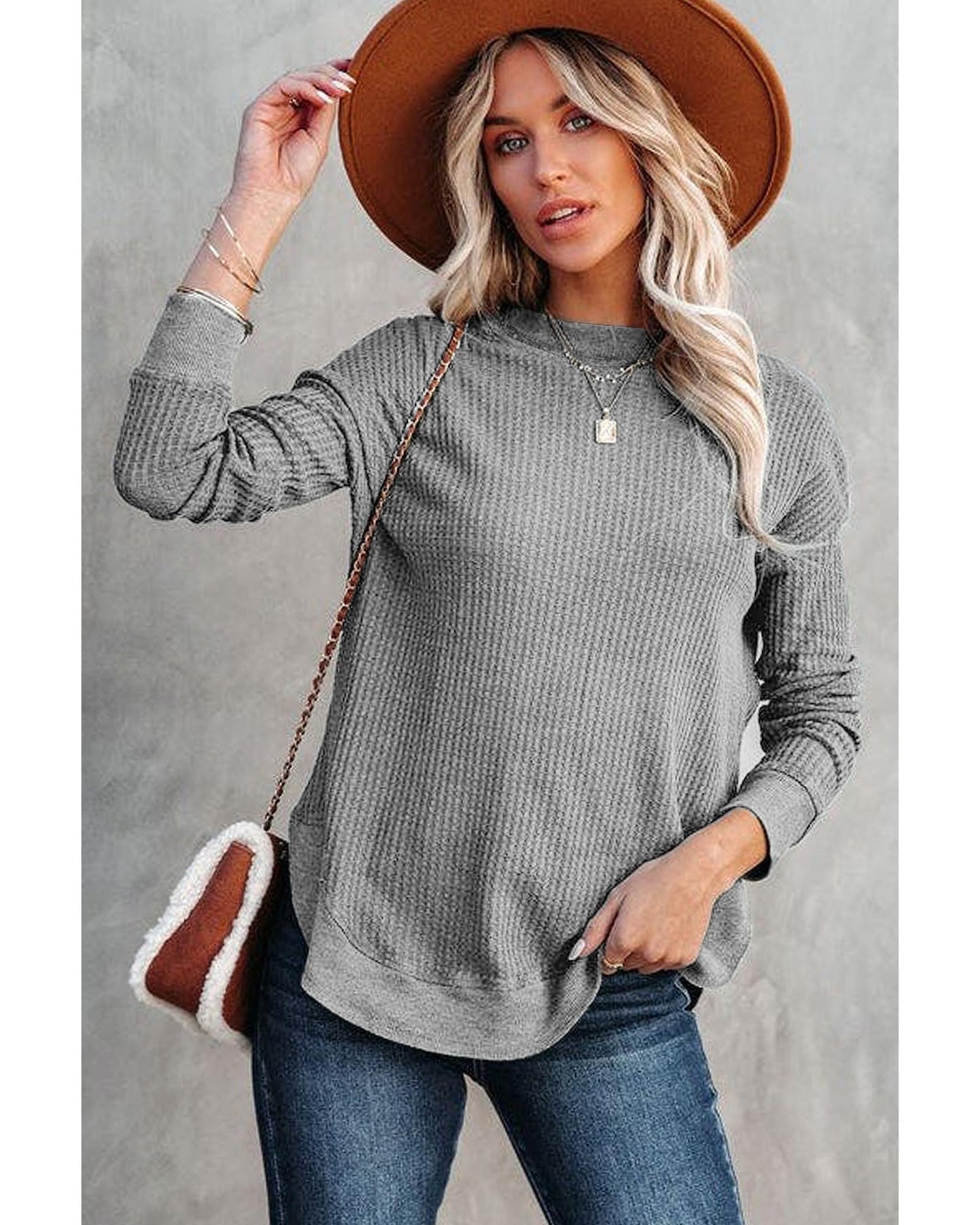 Azura Exchange Ribbed Trim Waffle Knit Top - M