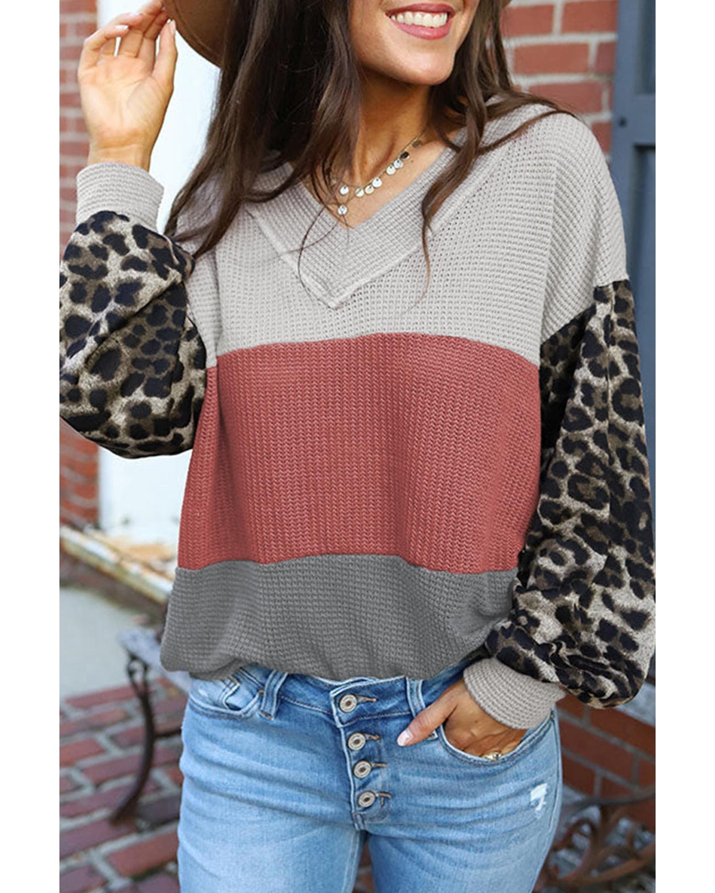 Azura Exchange Leopard Contrast Sleeve Colorblock Waffle Knit Top - M