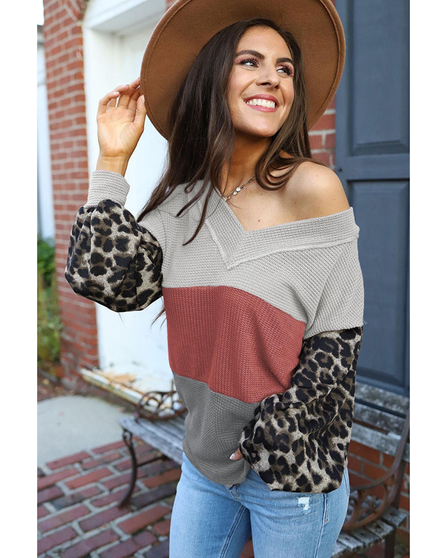 Azura Exchange Leopard Contrast Sleeve Colorblock Waffle Knit Top - M