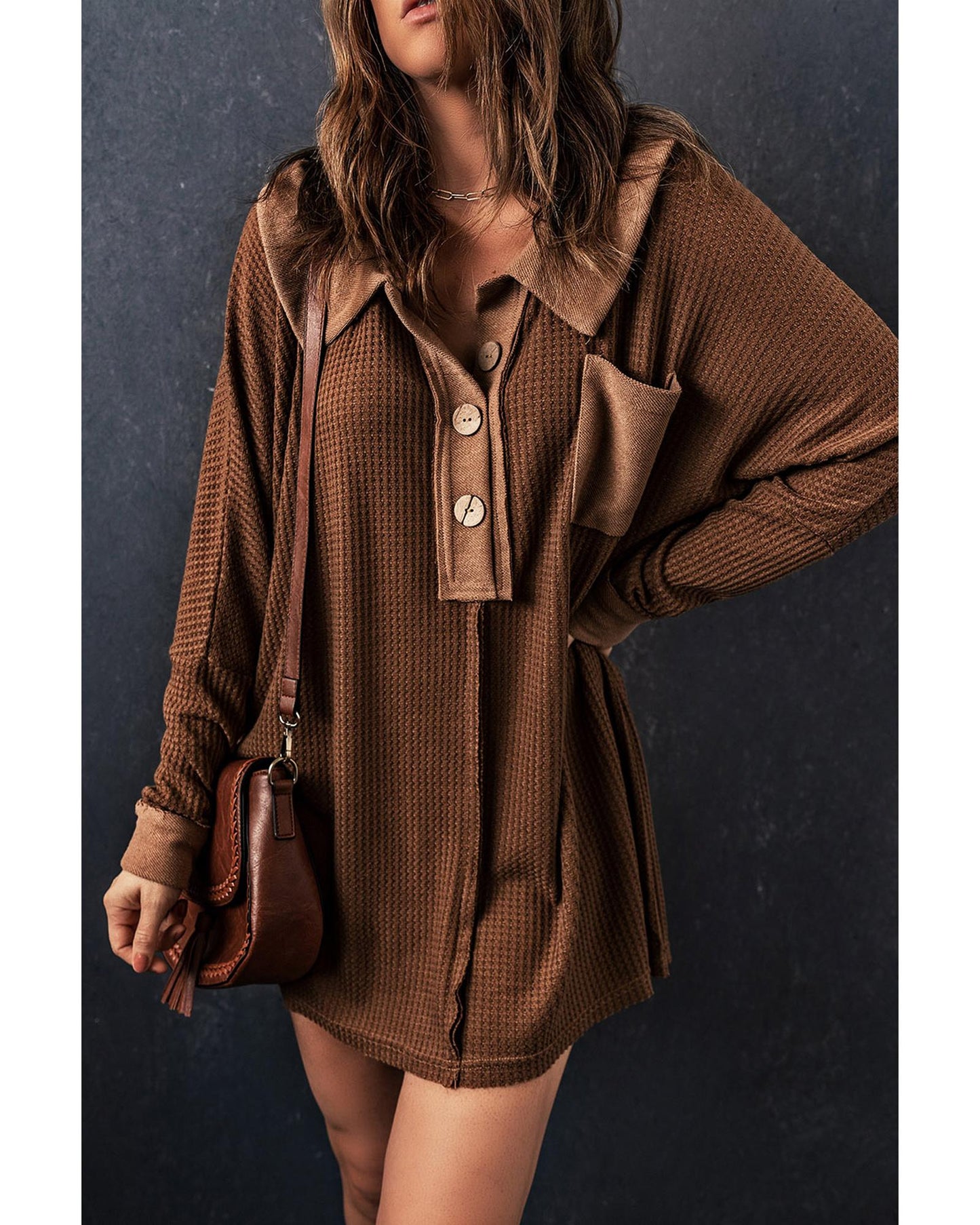 Azura Exchange Buttoned Waffle Knit Long Sleeve Top - S