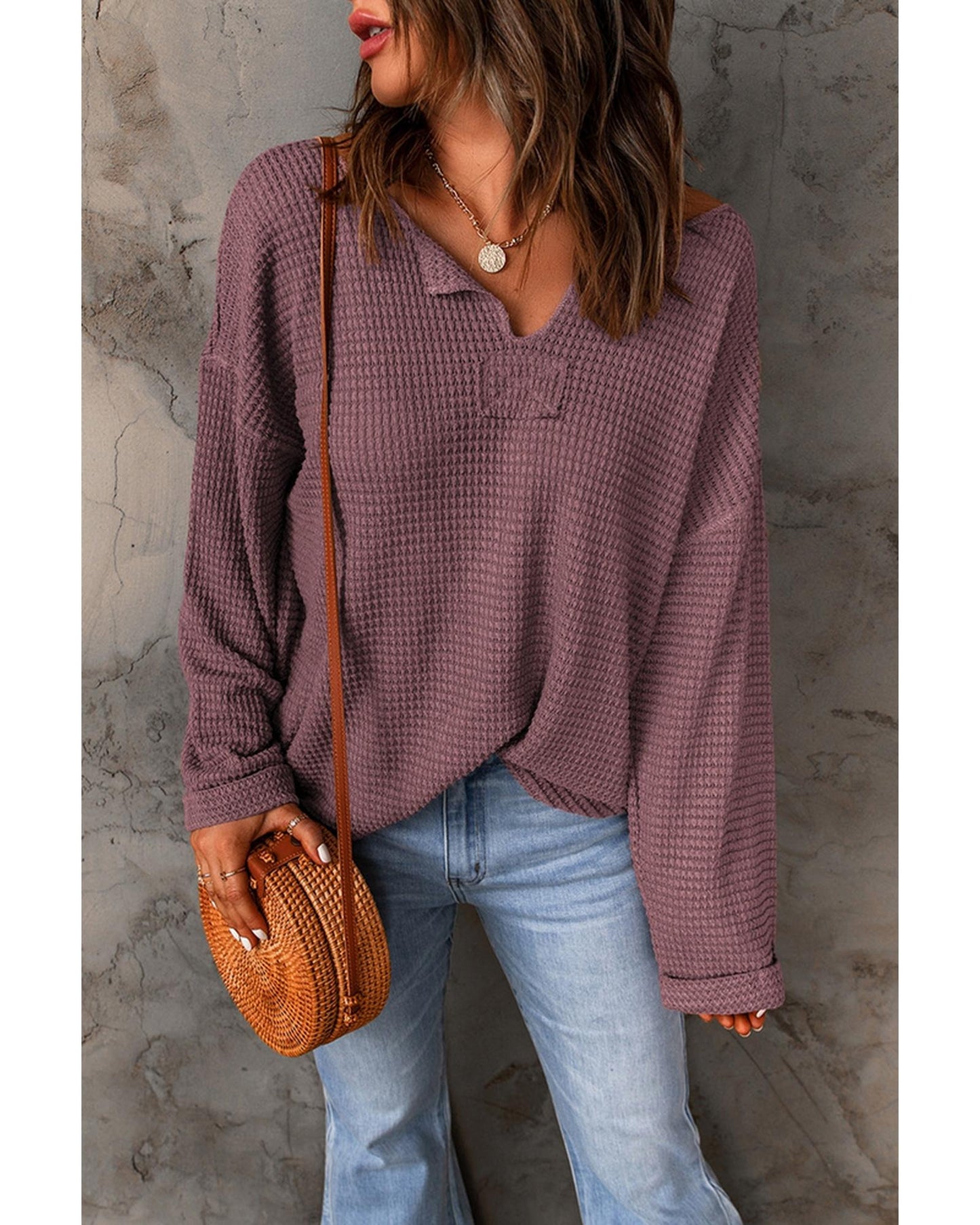 Azura Exchange Loose Waffle Knit Long Sleeve Top - S