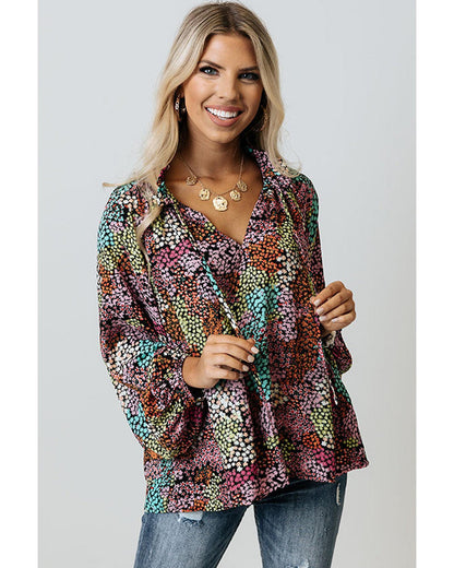 Azura Exchange Vibrant Floral Tie V Neck Puff Sleeve Blouse - L