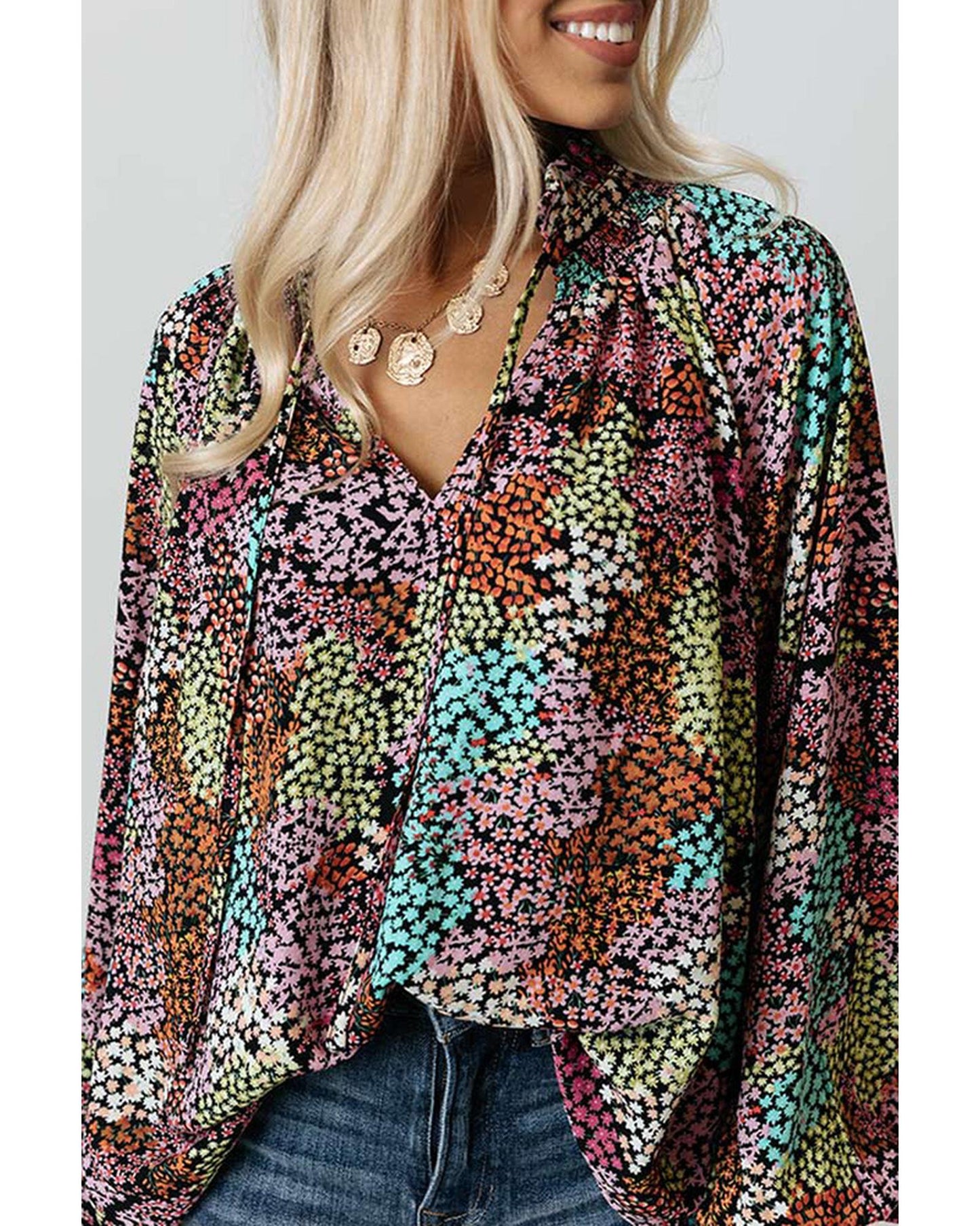 Azura Exchange Vibrant Floral Tie V Neck Puff Sleeve Blouse - L