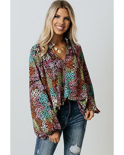 Azura Exchange Vibrant Floral Tie V Neck Puff Sleeve Blouse - M