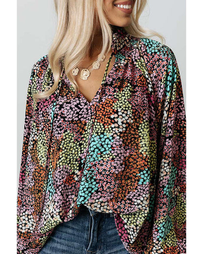 Azura Exchange Vibrant Floral Tie V Neck Puff Sleeve Blouse - M