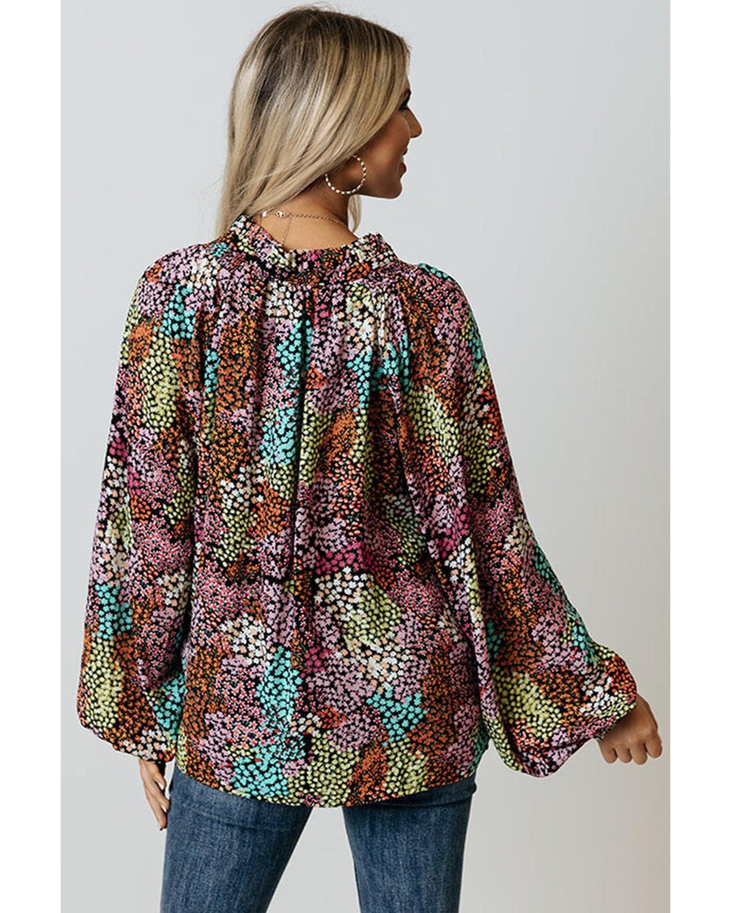 Azura Exchange Vibrant Floral Tie V Neck Puff Sleeve Blouse - S