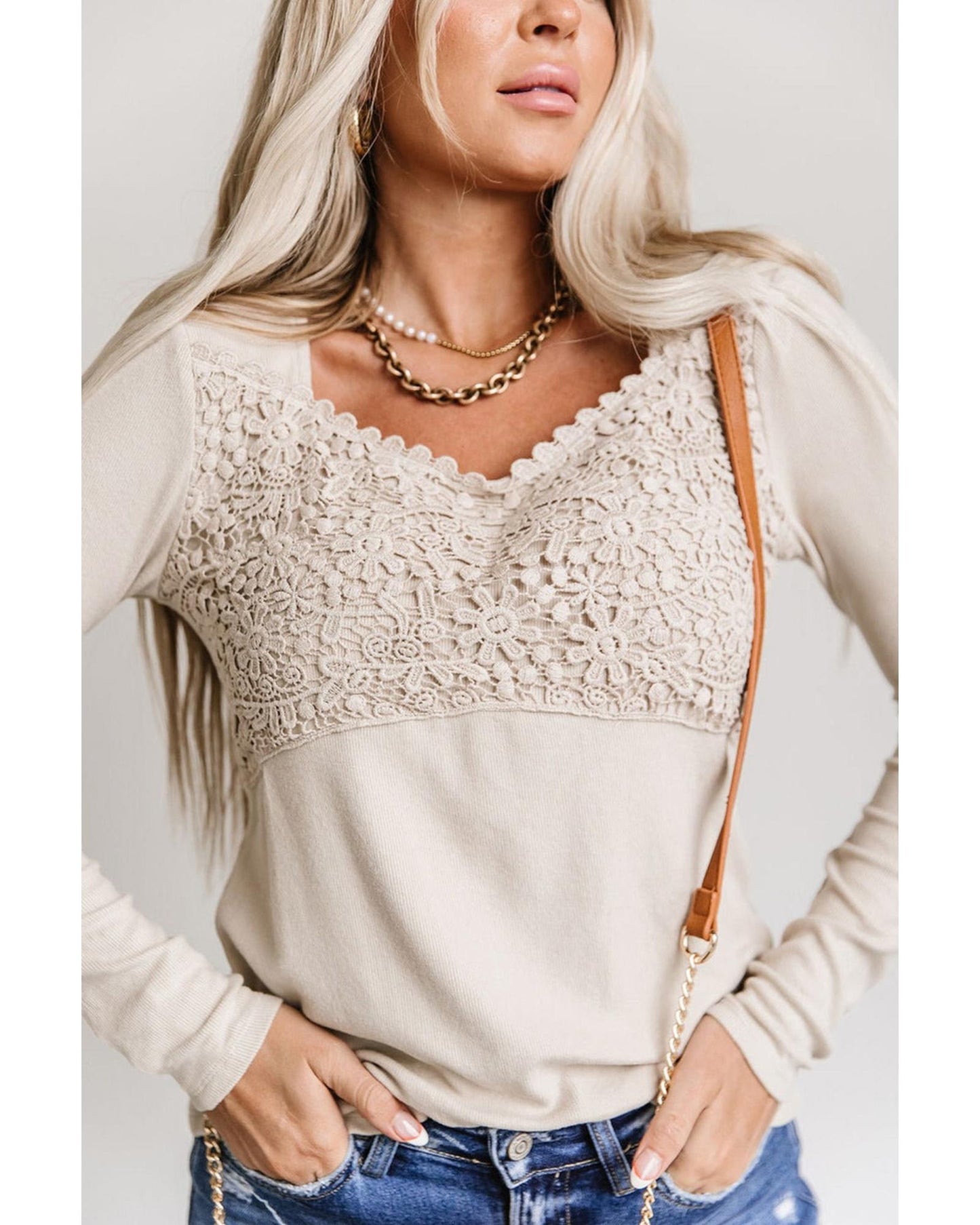 Azura Exchange Lace Crochet V Neck Long Sleeve Top - 2XL