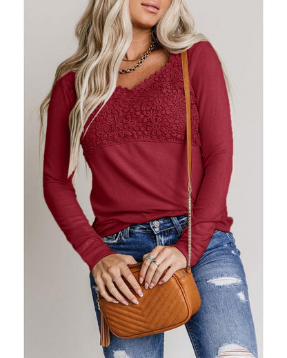 Azura Exchange Lace Crochet V Neck Long Sleeve Top - M