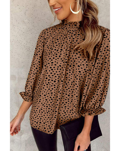 Azura Exchange Frilled Neck 3/4 Sleeves Cheetah Blouse - M