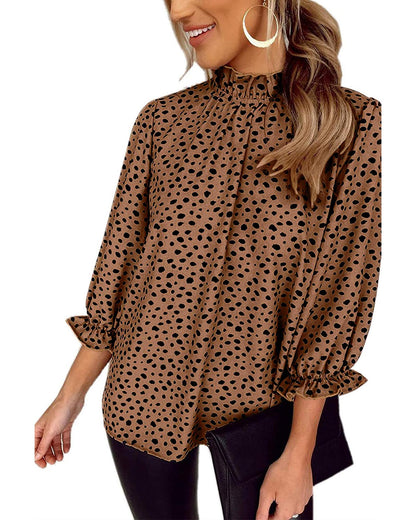 Azura Exchange Frilled Neck 3/4 Sleeves Cheetah Blouse - M