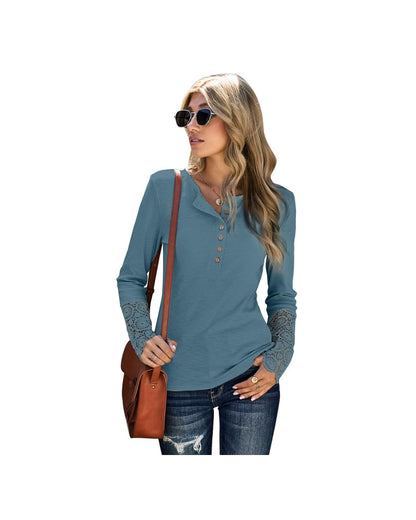 Azura Exchange Lace Hem Sleeve Button Top - S