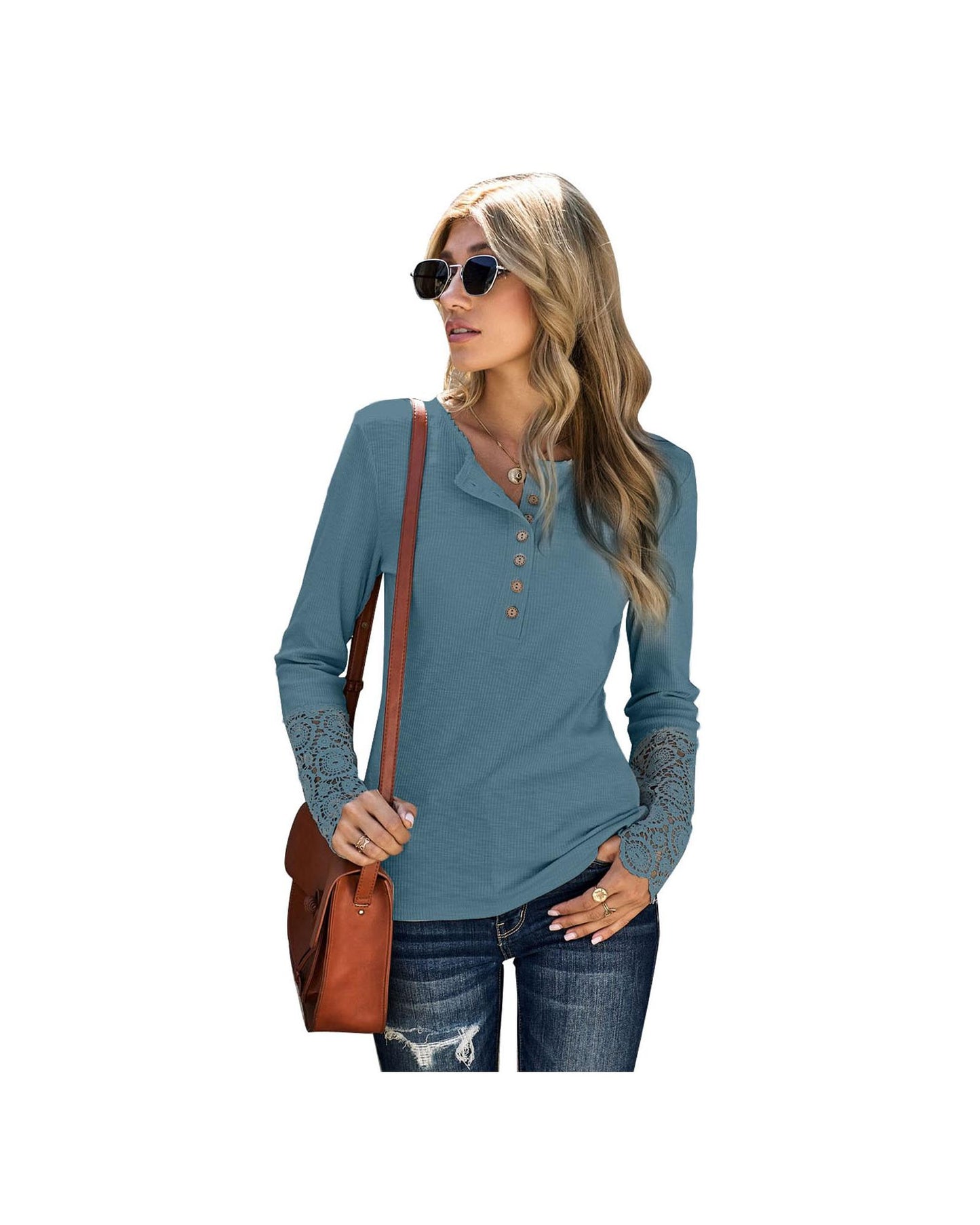 Azura Exchange Lace Hem Sleeve Button Top - XL