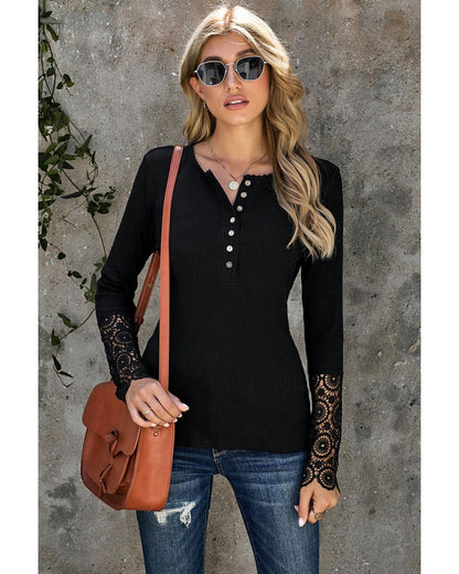 Azura Exchange Lace Hem Sleeve Button Top - M