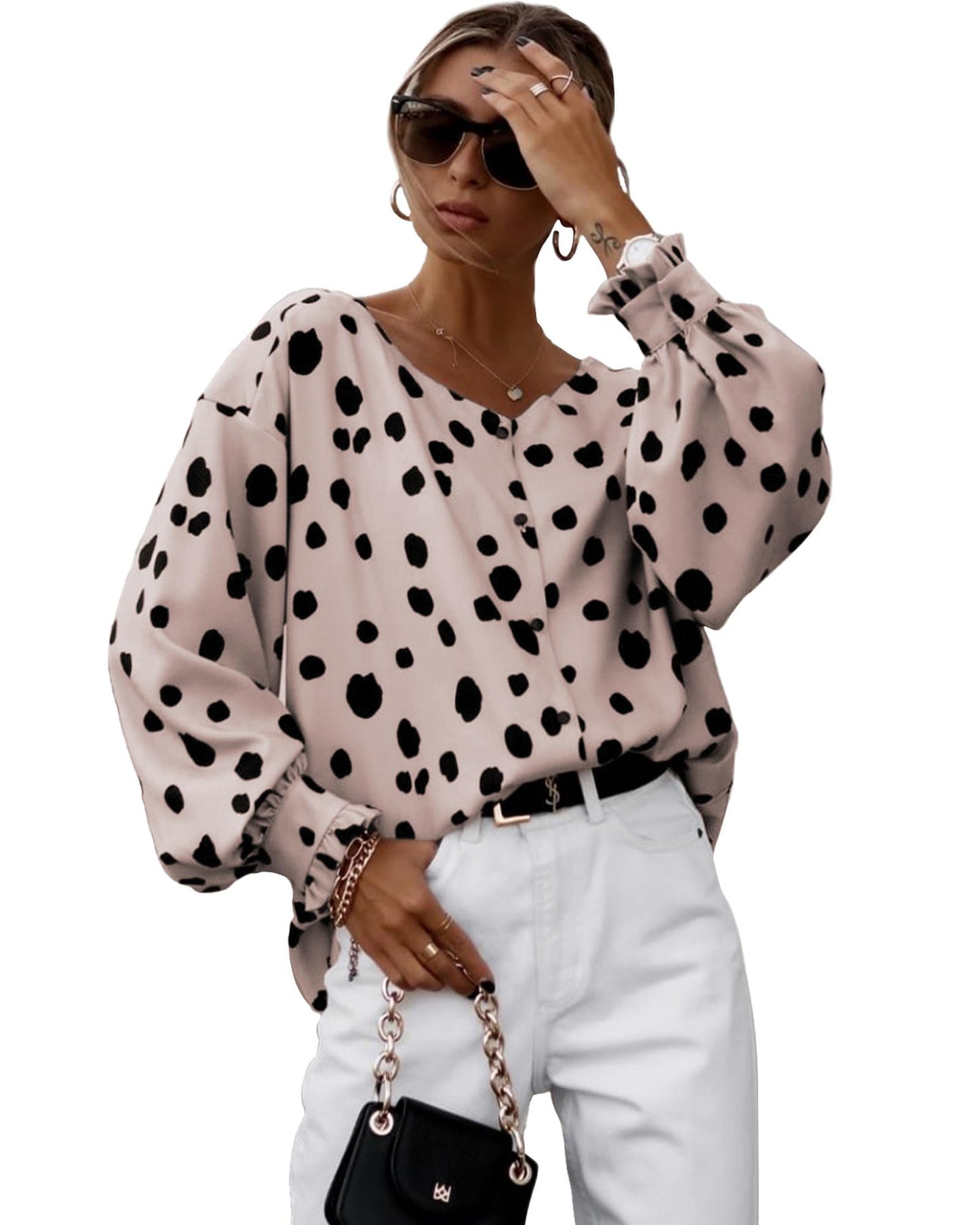 Azura Exchange Oversize Puff Sleeve Blouse with Button Frill Cuffs - L