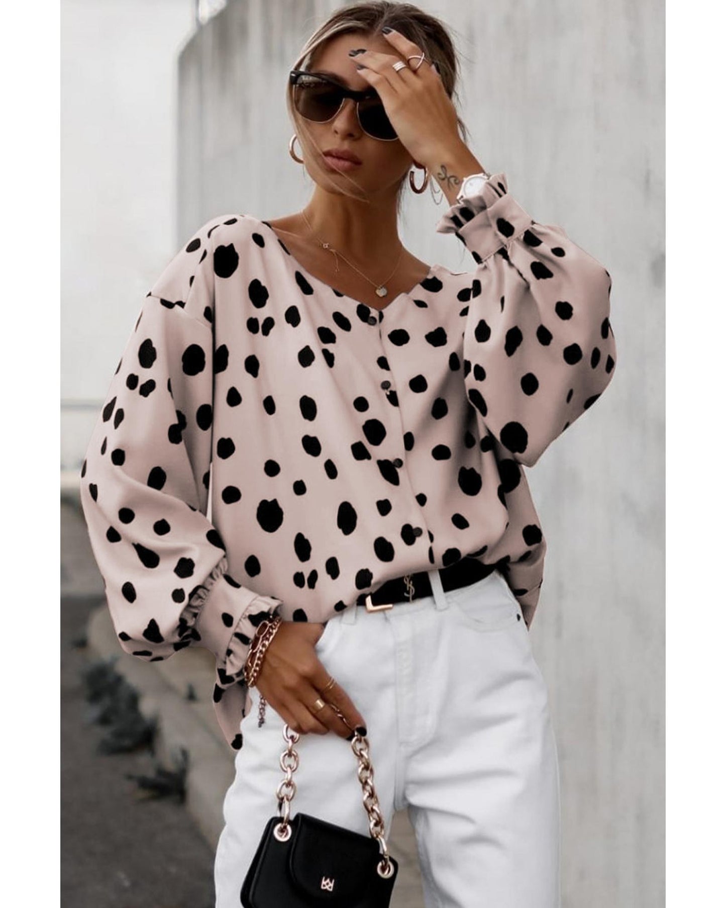 Azura Exchange Oversize Puff Sleeve Blouse with Button Frill Cuffs - M