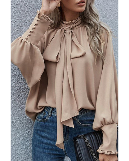 Azura Exchange Khaki Frilled Knotted Blouse with Bishop Sleeves - M