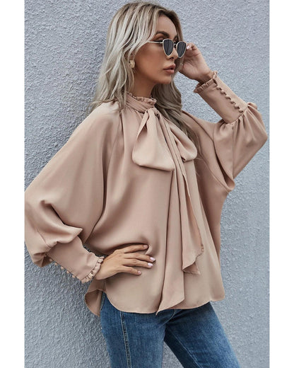 Azura Exchange Khaki Frilled Knotted Blouse with Bishop Sleeves - M