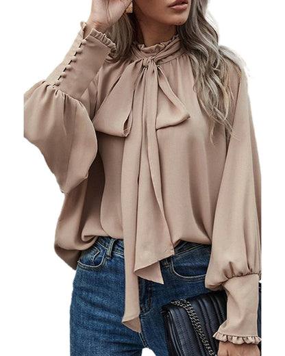 Azura Exchange Khaki Frilled Knotted Blouse with Bishop Sleeves - M