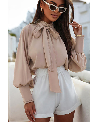 Azura Exchange Khaki Frilled Knotted Blouse with Bishop Sleeves - M