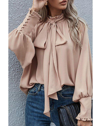 Azura Exchange Khaki Frilled Knotted Blouse with Bishop Sleeves - XL