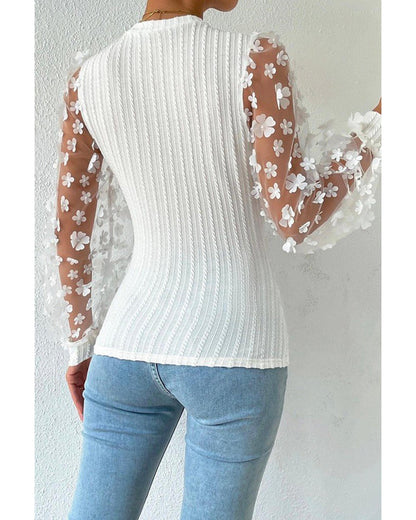 Azura Exchange Applique Mesh Sleeves Textured Knit Blouse - L