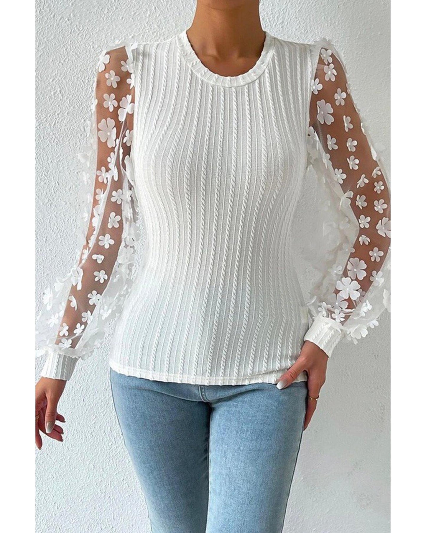 Azura Exchange Applique Mesh Sleeves Textured Knit Blouse - L