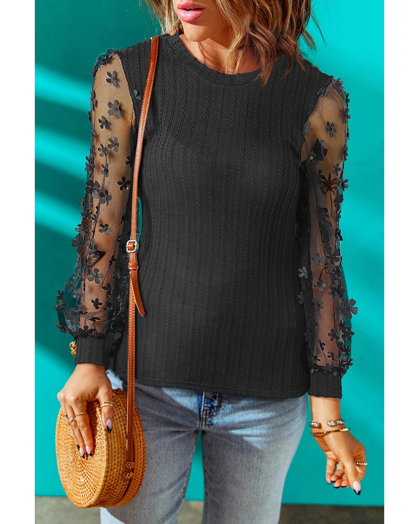 Azura Exchange Textured Knit Blouse with Floral Applique Mesh Sleeves - L