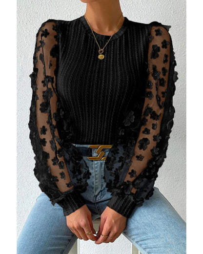 Azura Exchange Textured Knit Blouse with Floral Applique Mesh Sleeves - L