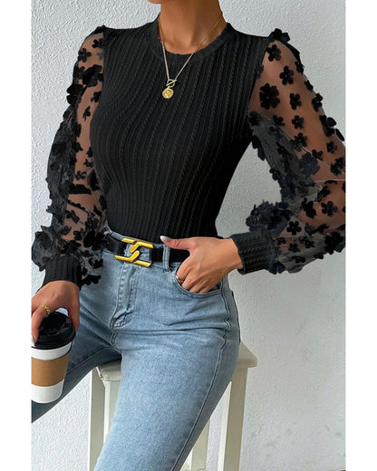 Azura Exchange Textured Knit Blouse with Floral Applique Mesh Sleeves - L